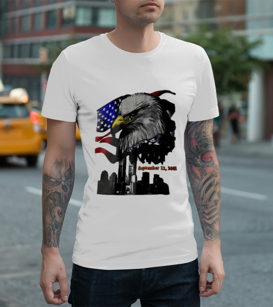 September 11 2001 Twin Towers New York Skyline Crying Bald Eagle American Flag T-Shirt