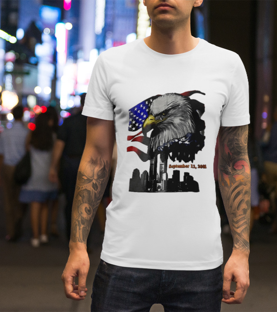September 11 2001 Twin Towers New York Skyline Crying Bald Eagle American Flag T-Shirt