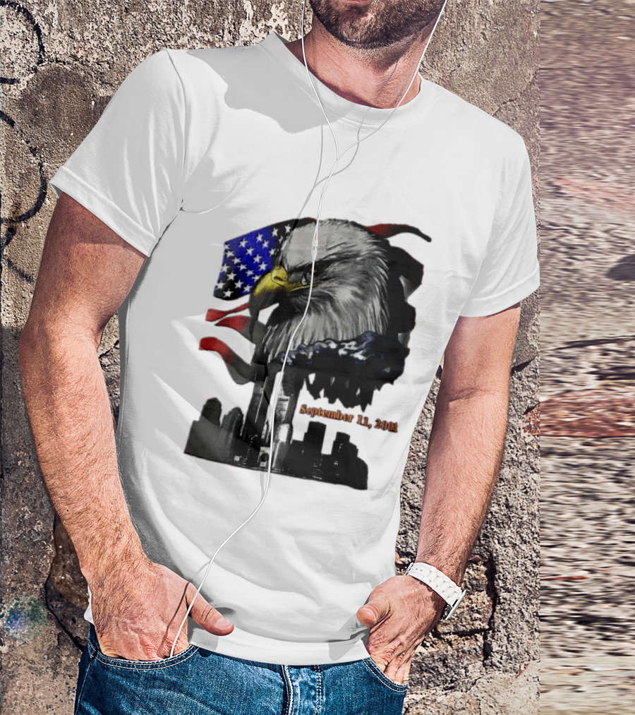 September 11 2001 Twin Towers New York Skyline Crying Bald Eagle American Flag T-Shirt