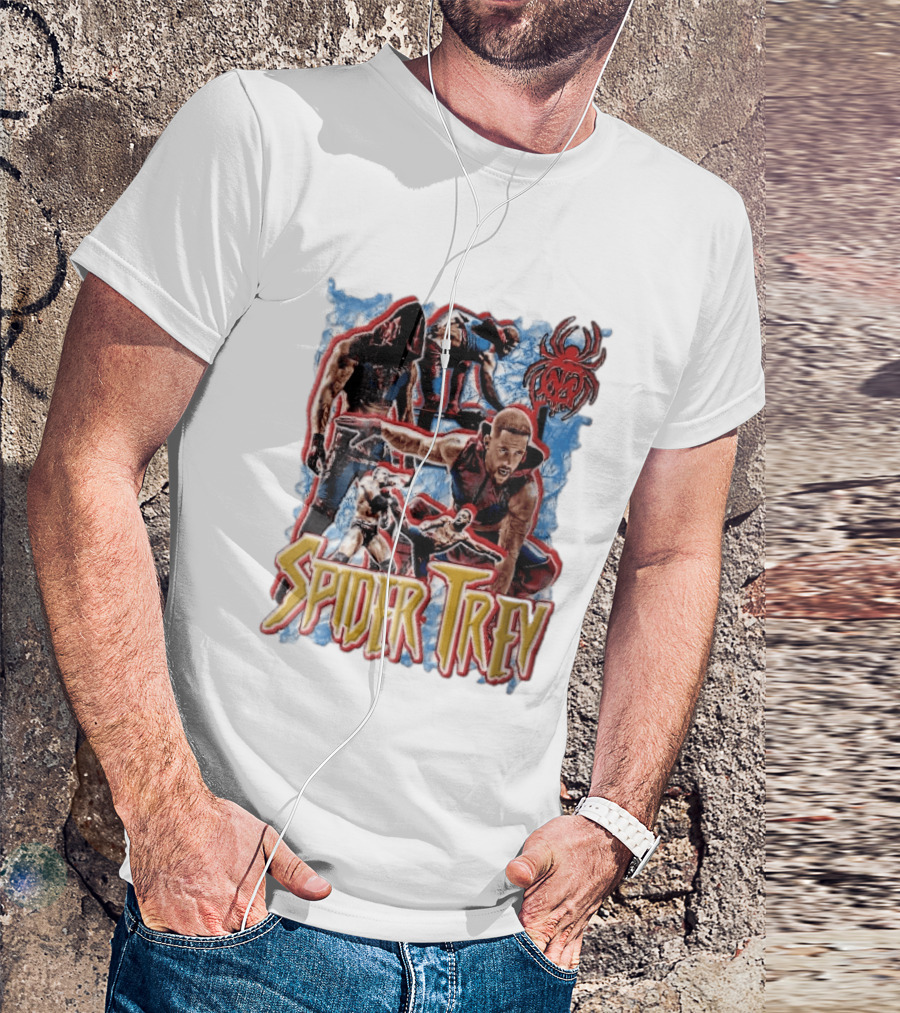 Spider Trey Professional Wrestler Action Collage With Blue Smoke And Red Spider T-Shirt