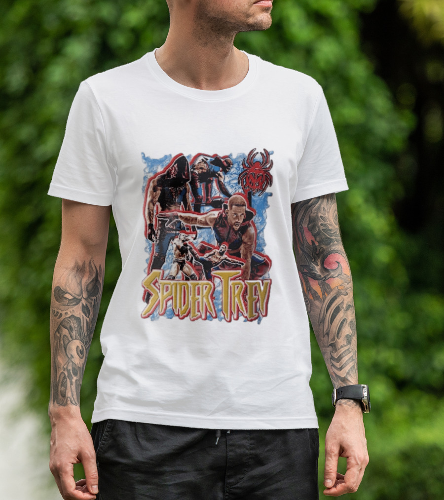 Spider Trey Professional Wrestler Action Collage With Blue Smoke And Red Spider T-Shirt