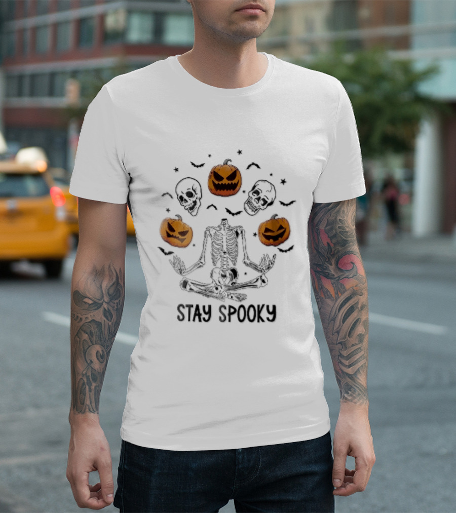 Stay Spooky Headless Skeleton Meditating Floating Skulls Pumpkins Bats Halloween T-Shirt