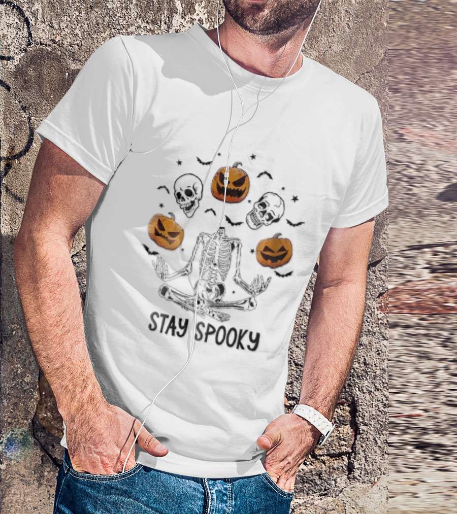 Stay Spooky Headless Skeleton Meditating Floating Skulls Pumpkins Bats Halloween T-Shirt