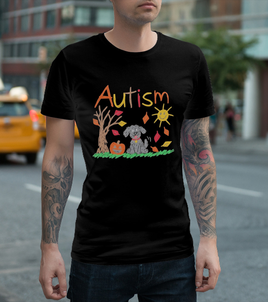 Autism Awareness Fall Puppy Pumpkin Autumn Leaves Sun Drawing T-Shirt