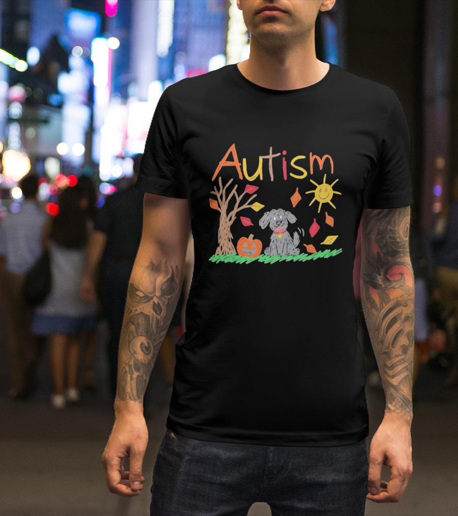 Autism Awareness Fall Puppy Pumpkin Autumn Leaves Sun Drawing T-Shirt