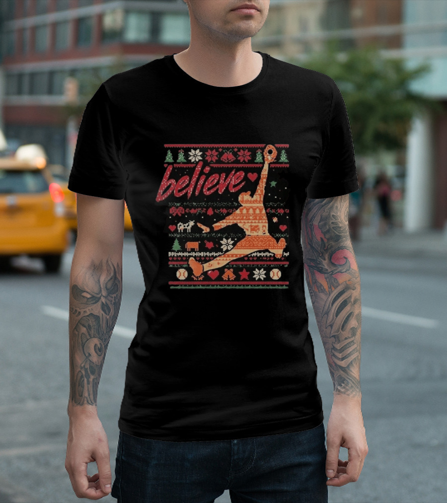 Believe Orioles Air Cowser Ugly Christmas Festive Sweater Baseball Catch T-Shirt