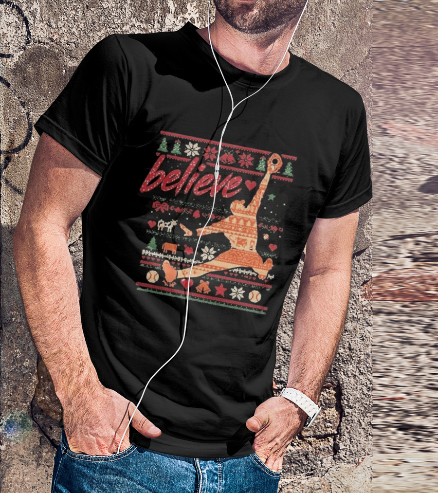 Believe Orioles Air Cowser Ugly Christmas Festive Sweater Baseball Catch T-Shirt