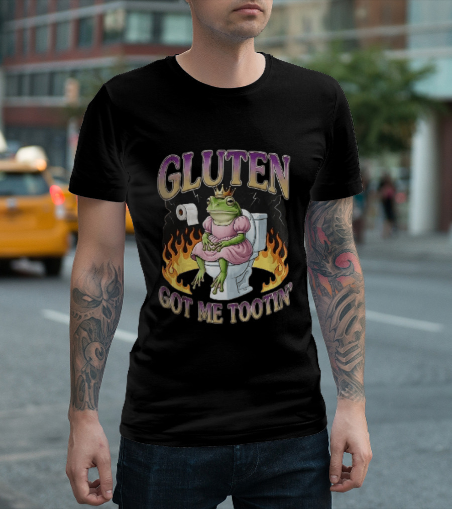 Gluten Got Me Tootin Cartoon Frog Princess Dress Toilet Flames T-Shirt