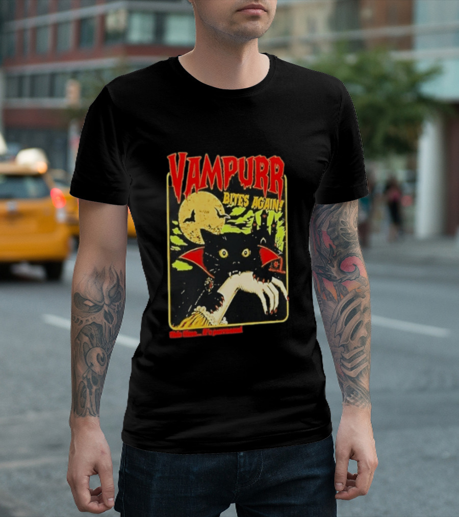Vampurr Bites Again This Time It's Purrsonal Vintage Horror Cat Moon And Castle T-Shirt