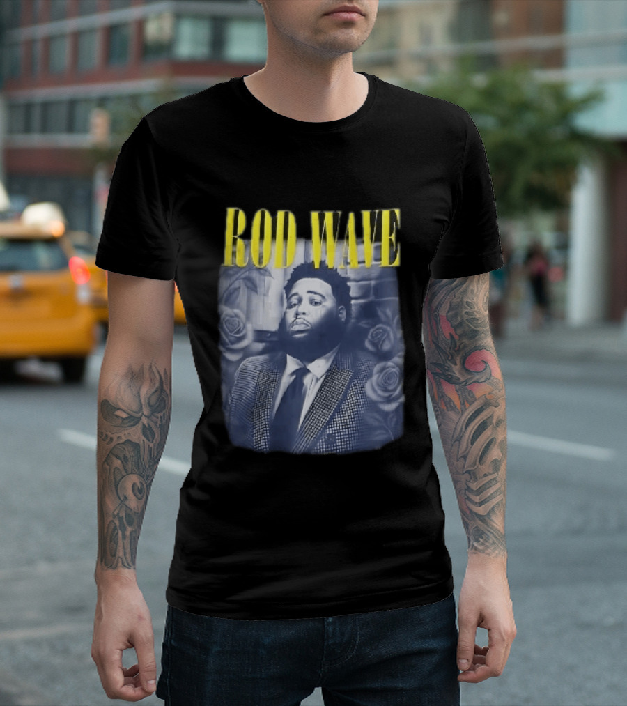 Rod Wave Yellow Bootleg Grayscale Suit Tie Roses Brick Wall T-Shirt