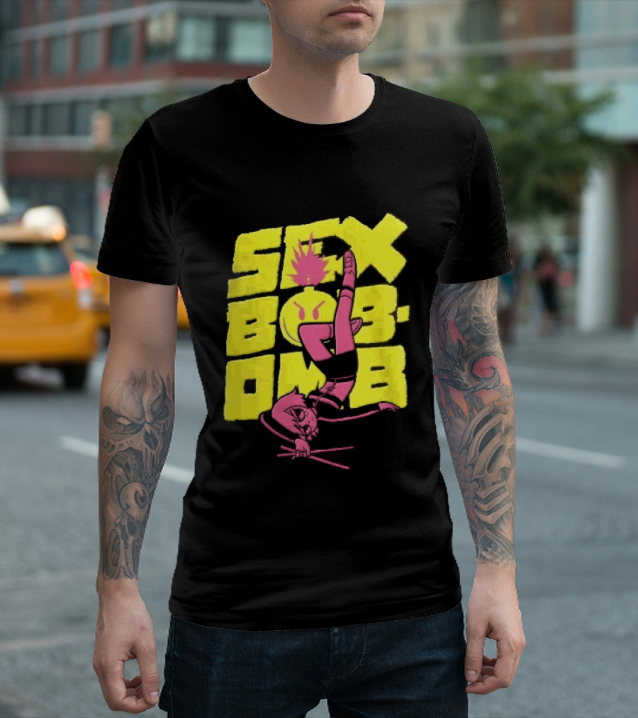 Sex Bob Omb Inverted Pink Cartoon Drummer With Drumsticks Bold Yellow T-Shirt