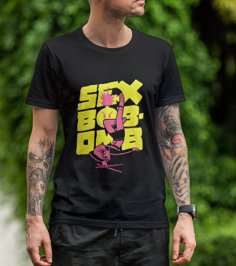 Sex Bob Omb Inverted Pink Cartoon Drummer With Drumsticks Bold Yellow T-Shirt