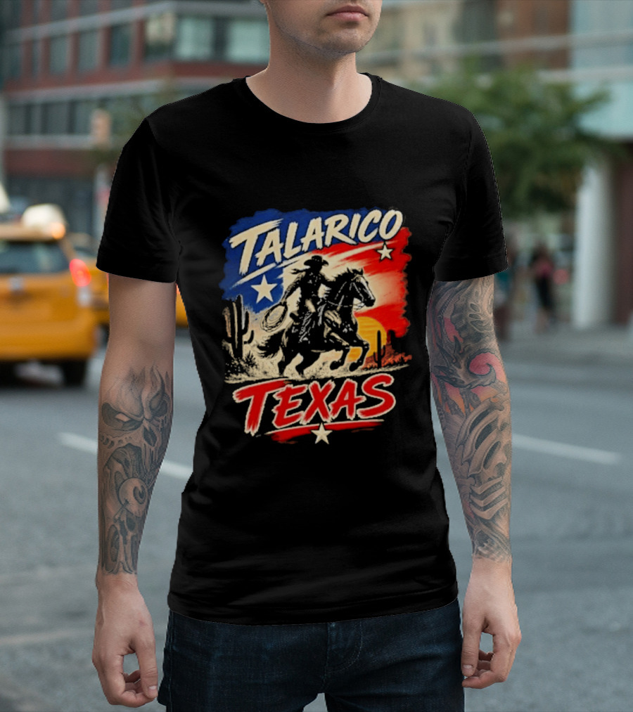 Talarico Texas Cowboy Riding Silhouette With Lone Star And Cactus T-Shirt