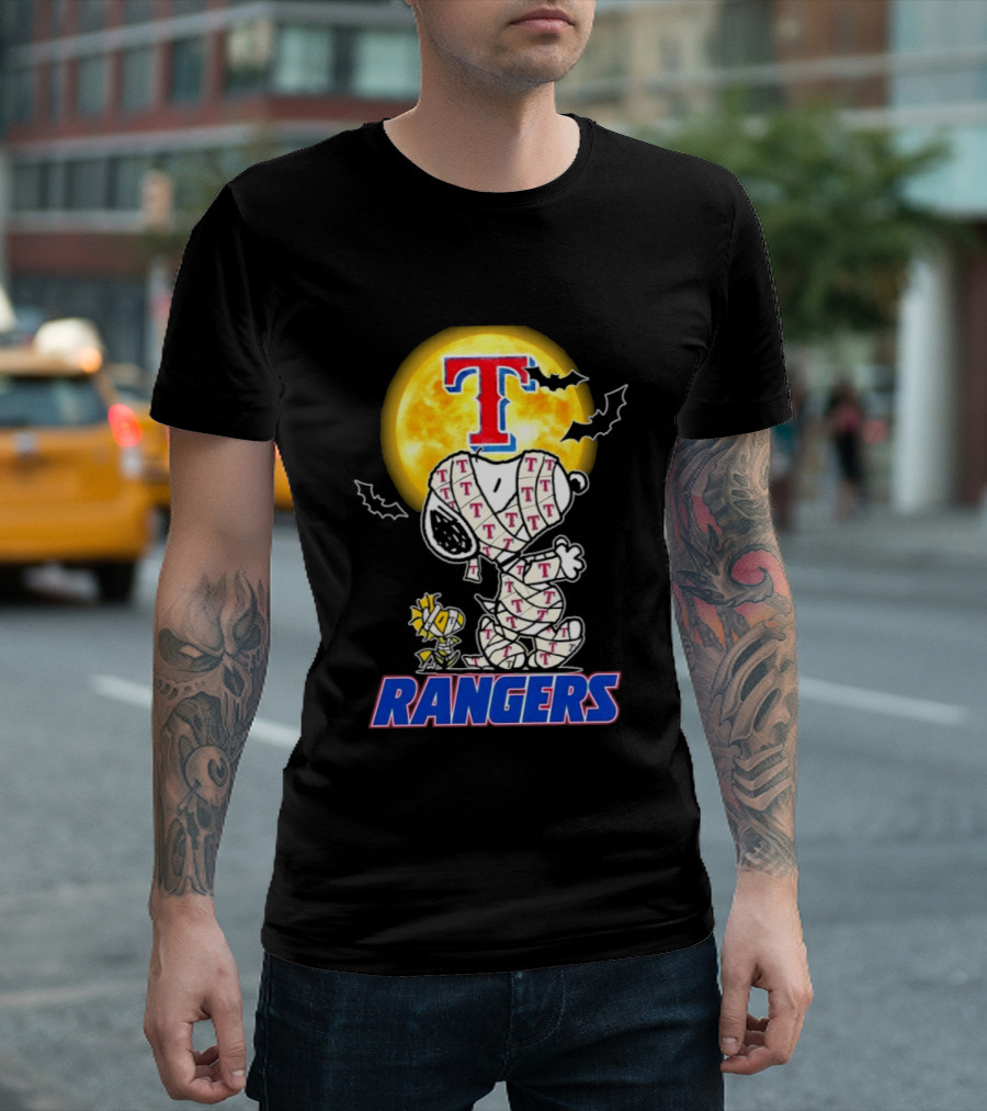 Texas Rangers Snoopy Woodstock Mummy Halloween Collaboration T-Shirt