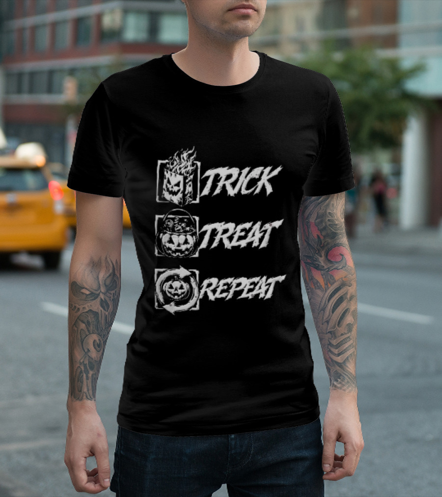 Trick Treat Repeat Flaming Bag Candy Bucket Pumpkin Motif T-Shirt