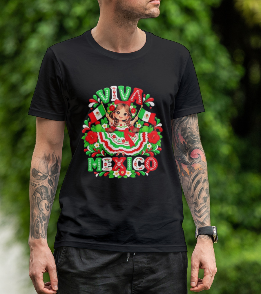 Viva Mexico Girl Festive Mexican Flags Floral Celebration T-Shirt