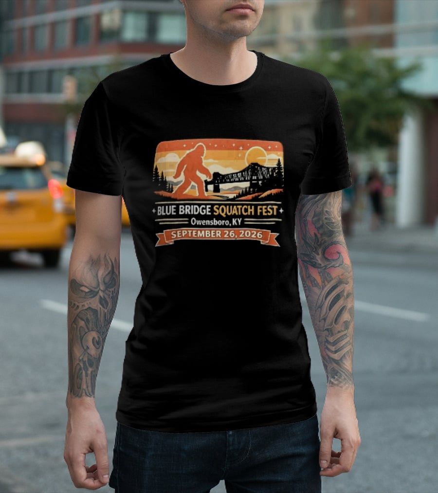 Blue Bridge Squatch Fest Owensboro KY Sasquatch River Sunset September 26 2026 T-Shirt