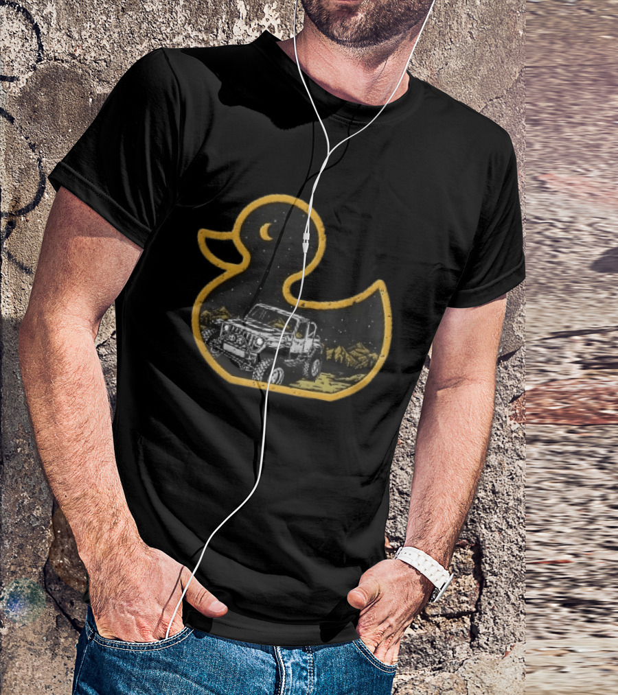 Distressed Yellow Duck Jeep Mountains Night Sky Crescent Moon T-Shirt