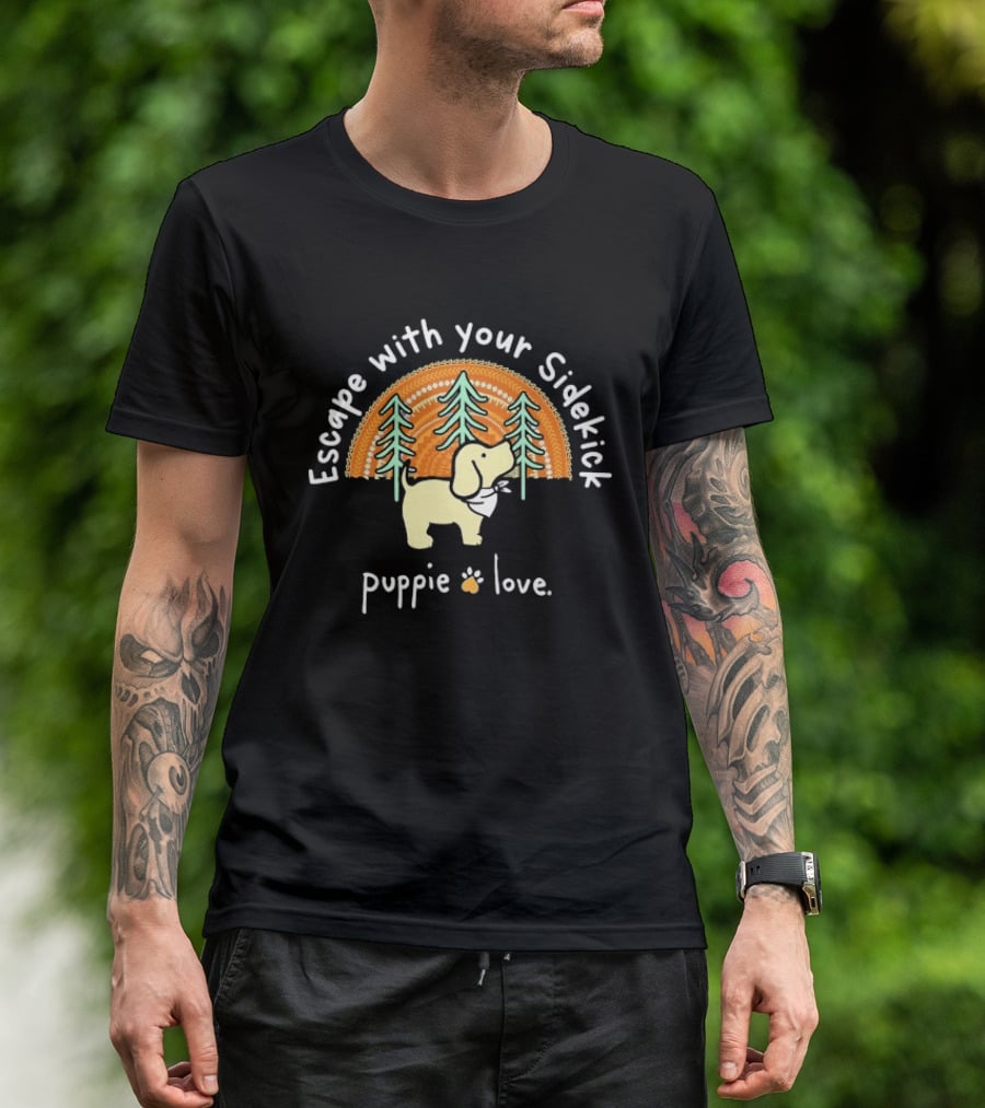 Puppie Love Escape With Your Sidekick Forest Adventure Vintage Sunset T-Shirt