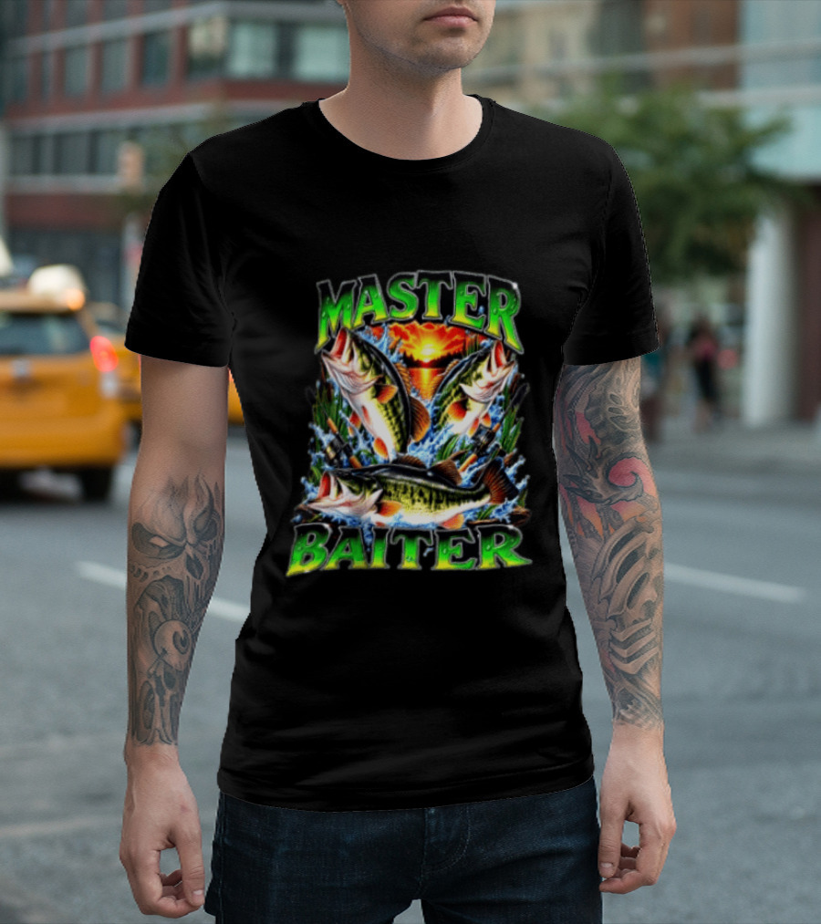 Master Baiter Fishing Large Mouth Bass Sunset Scene T-Shirt