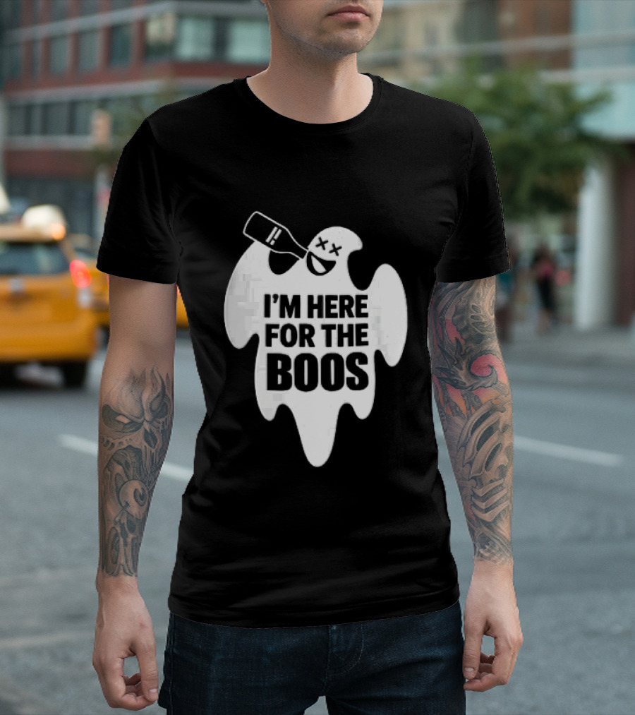 I'm Here For The Boos Cartoon Ghost Drinking Alcohol Bottle T-Shirt