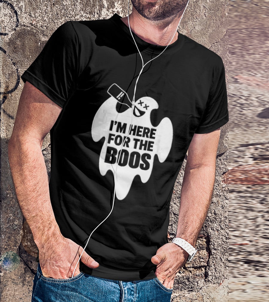 I'm Here For The Boos Cartoon Ghost Drinking Alcohol Bottle T-Shirt