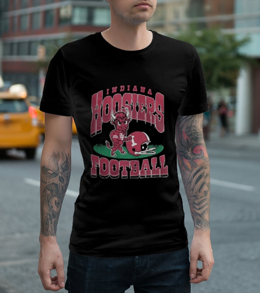 Indiana Hoosiers Football Distressed Cartoon Bull Helmet T-Shirt