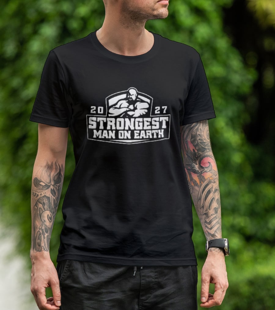 Strongest Man On Earth 2027 Bodybuilder Arms Crossed Shield T-Shirt