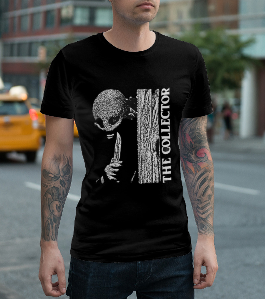 The Collector Masked Figure Knife Wooden Door Peeking Halftone T-Shirt