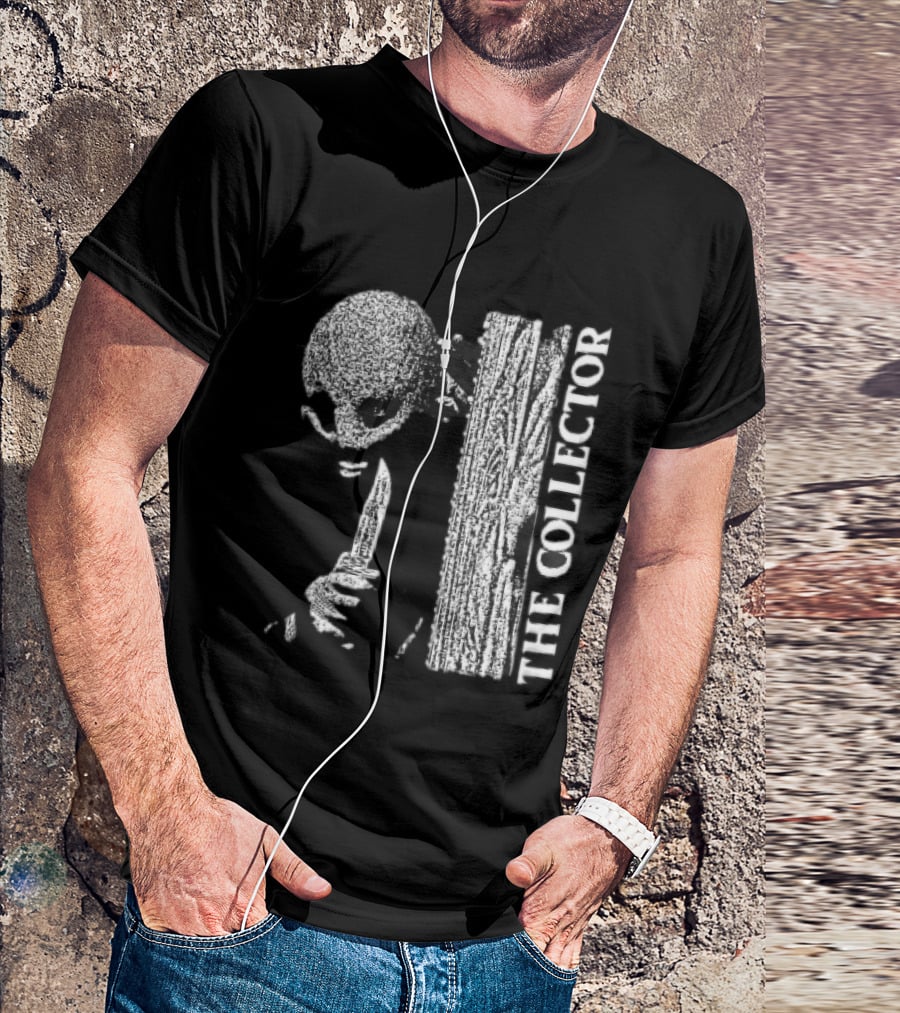 The Collector Masked Figure Knife Wooden Door Peeking Halftone T-Shirt