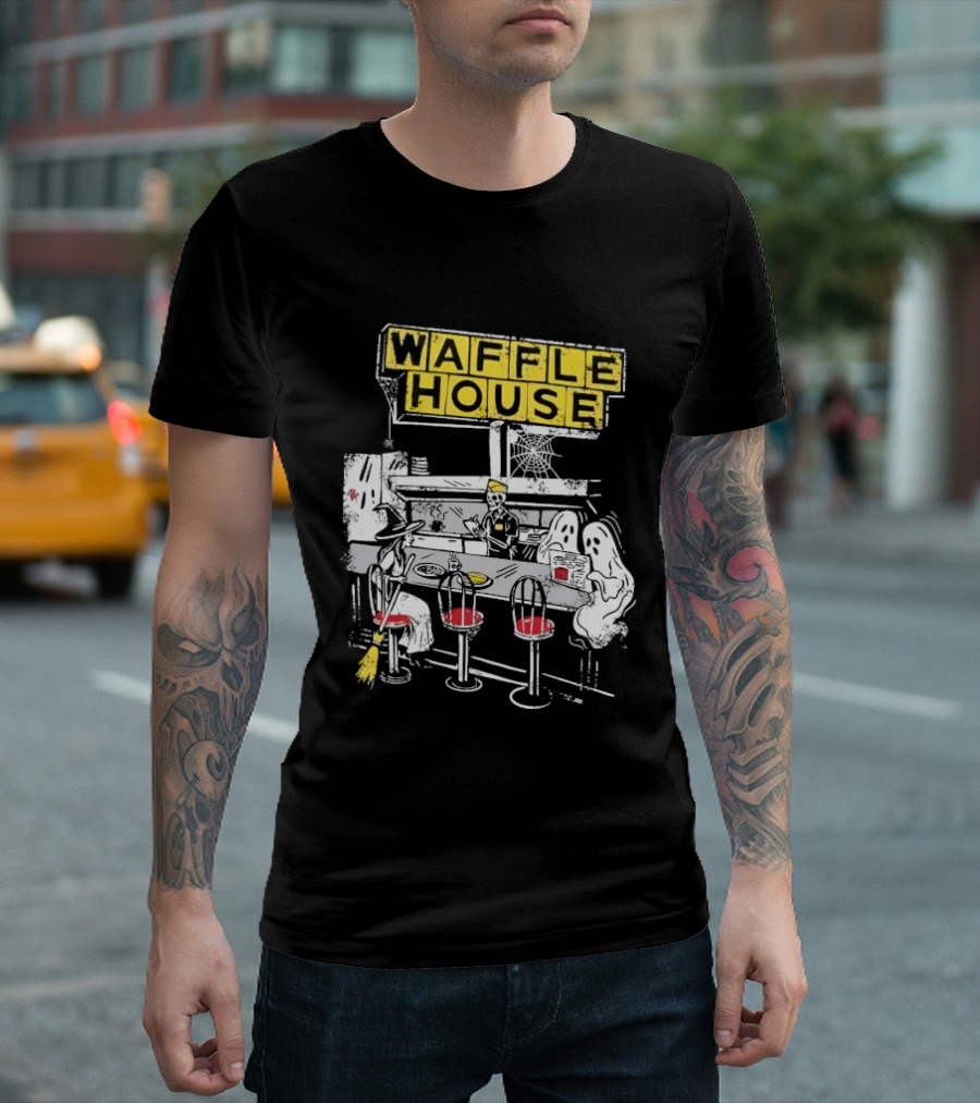 Waffle House Wafflehaunted House Ghostly Diner Scene Halloween T-Shirt