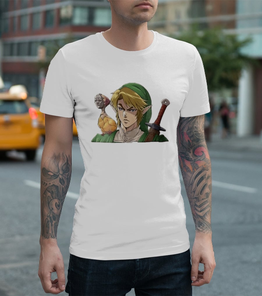 Anime Blonde Elf Knight In Green Tunic With Sword And Strange Bird Companion T-Shirt