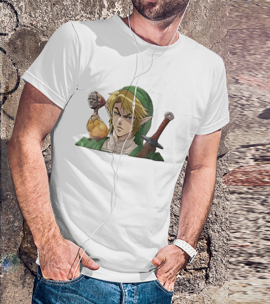 Anime Blonde Elf Knight In Green Tunic With Sword And Strange Bird Companion T-Shirt