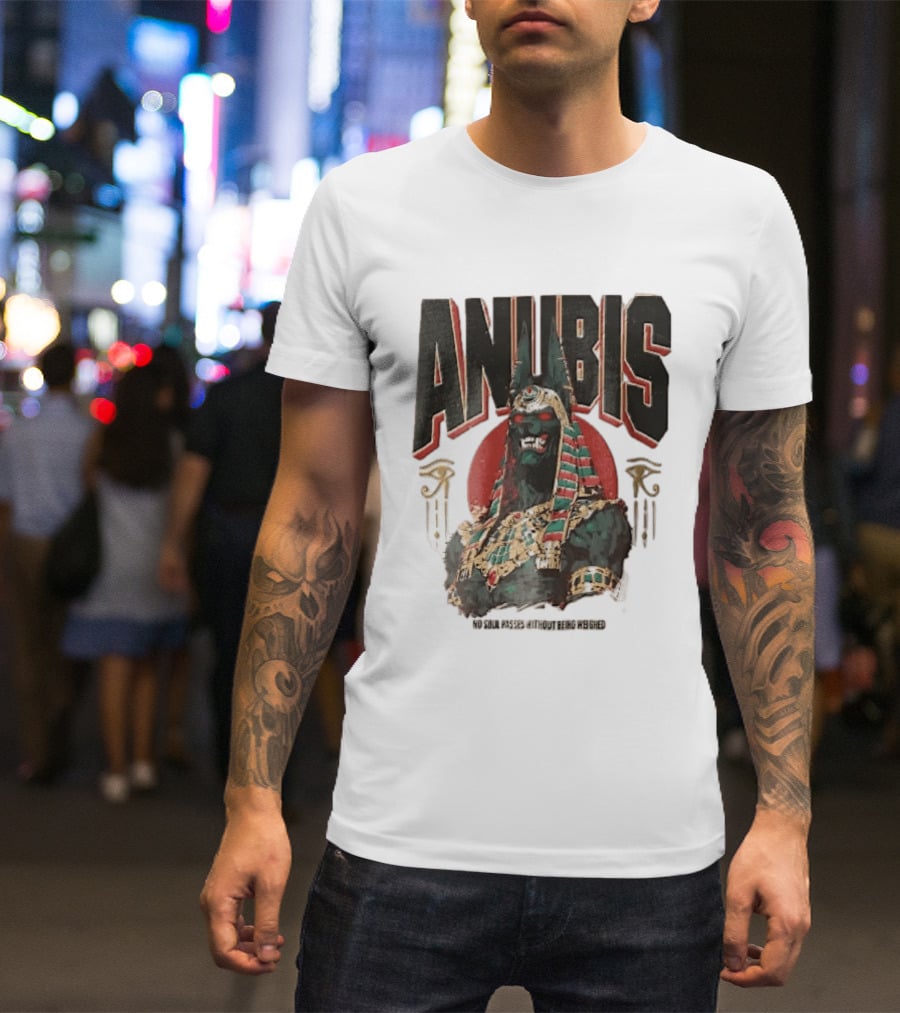 Anubis Jackal Headed Egyptian God Distressed No Soul Passes Without Being Weighed Sun T-Shirt