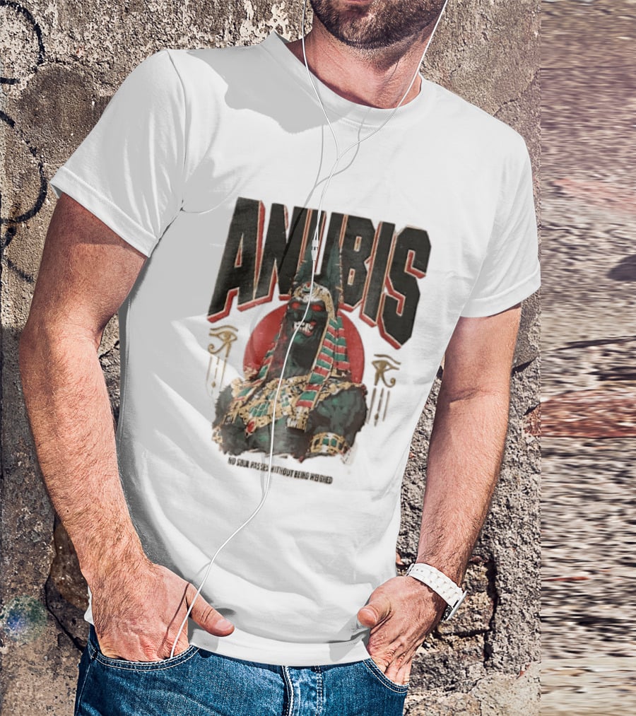 Anubis Jackal Headed Egyptian God Distressed No Soul Passes Without Being Weighed Sun T-Shirt