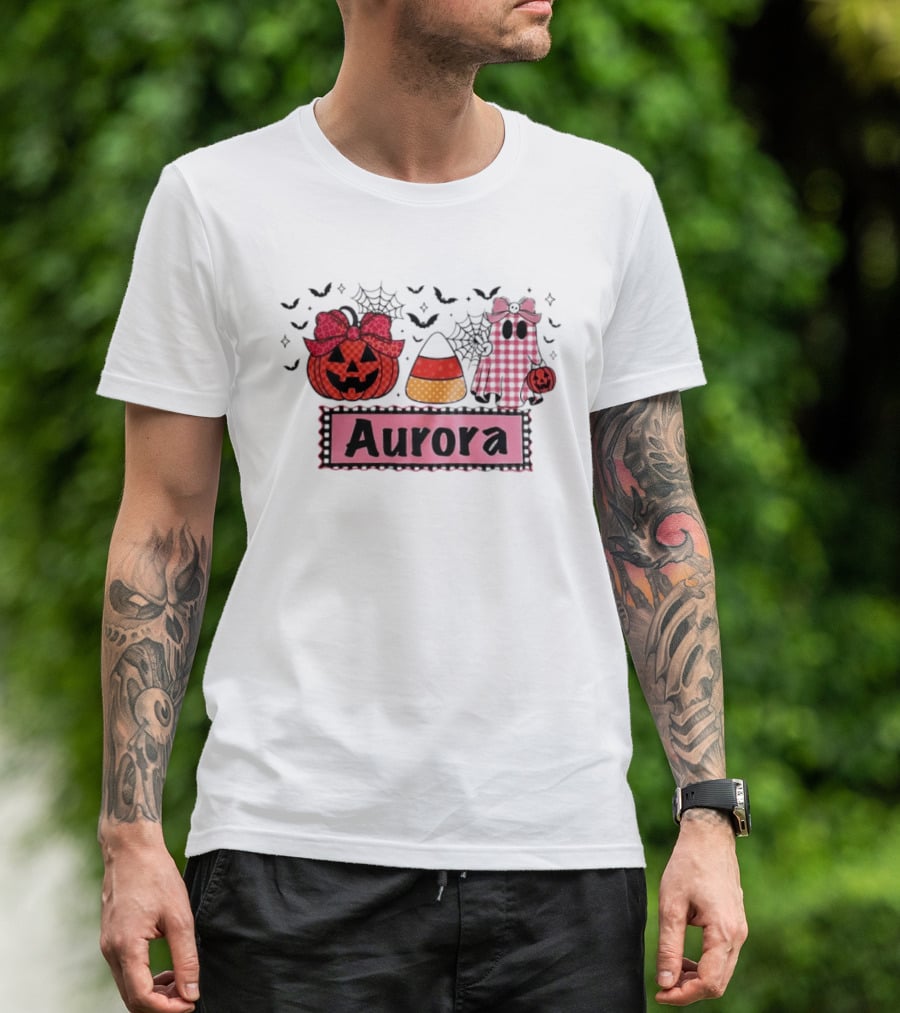Aurora Halloween Pumpkin Ghost Candy Corn And Spiderwebs T-Shirt