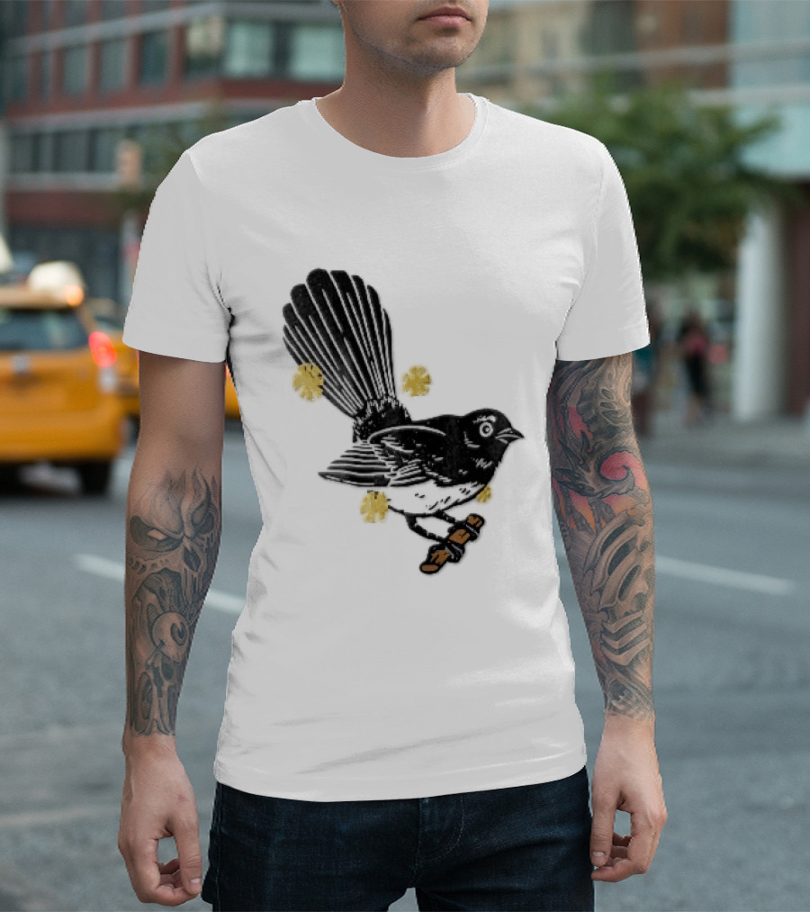 Black White Linocut Fantail Bird Branch Yellow Flowers T-Shirt