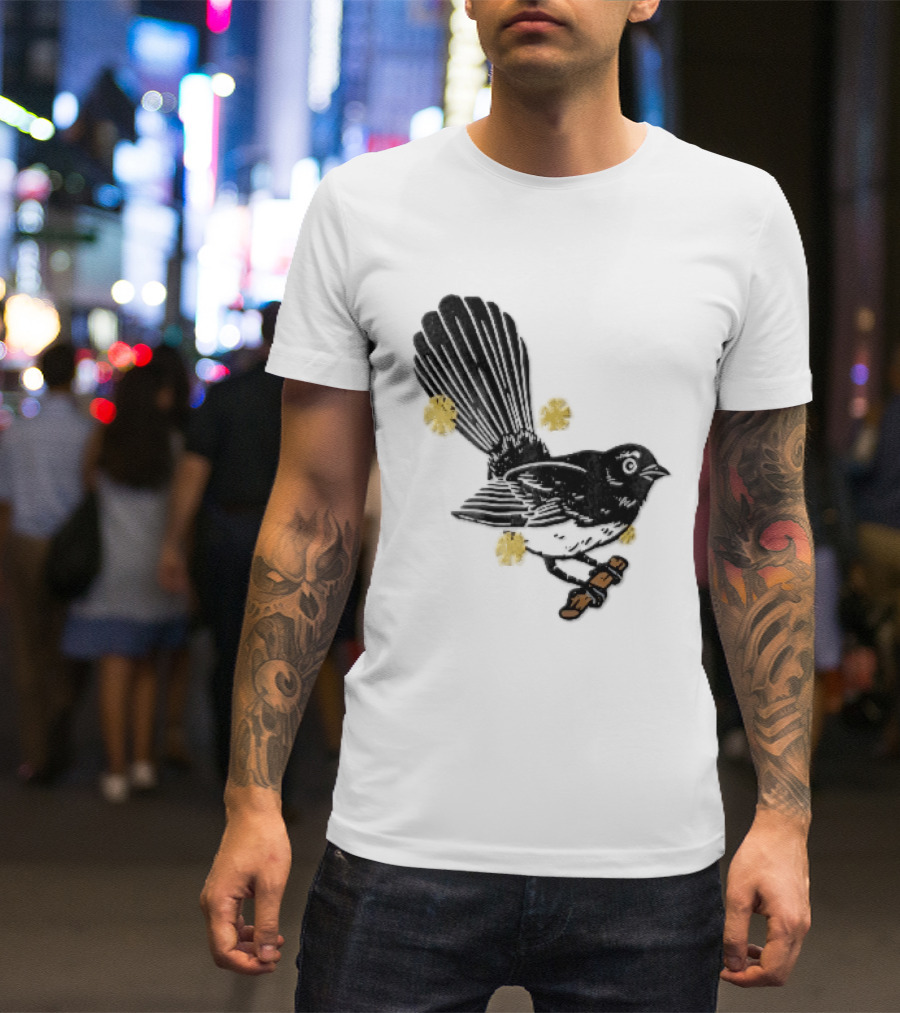 Black White Linocut Fantail Bird Branch Yellow Flowers T-Shirt
