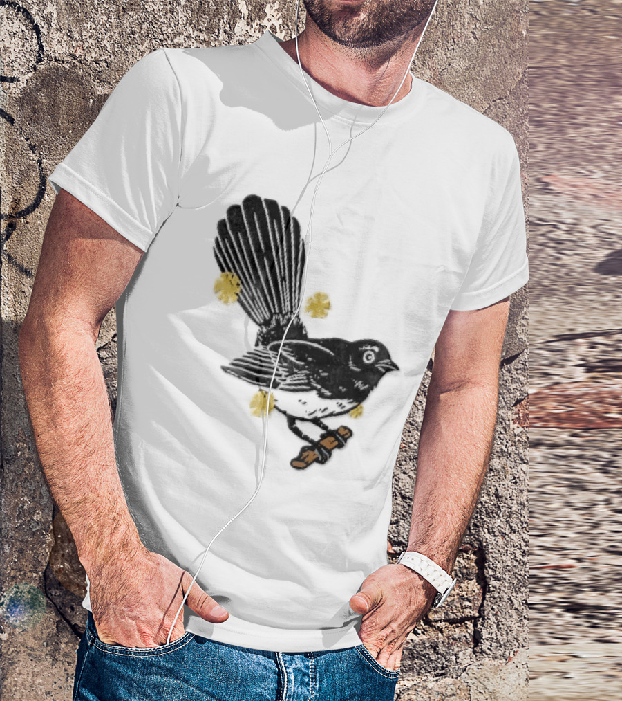 Black White Linocut Fantail Bird Branch Yellow Flowers T-Shirt