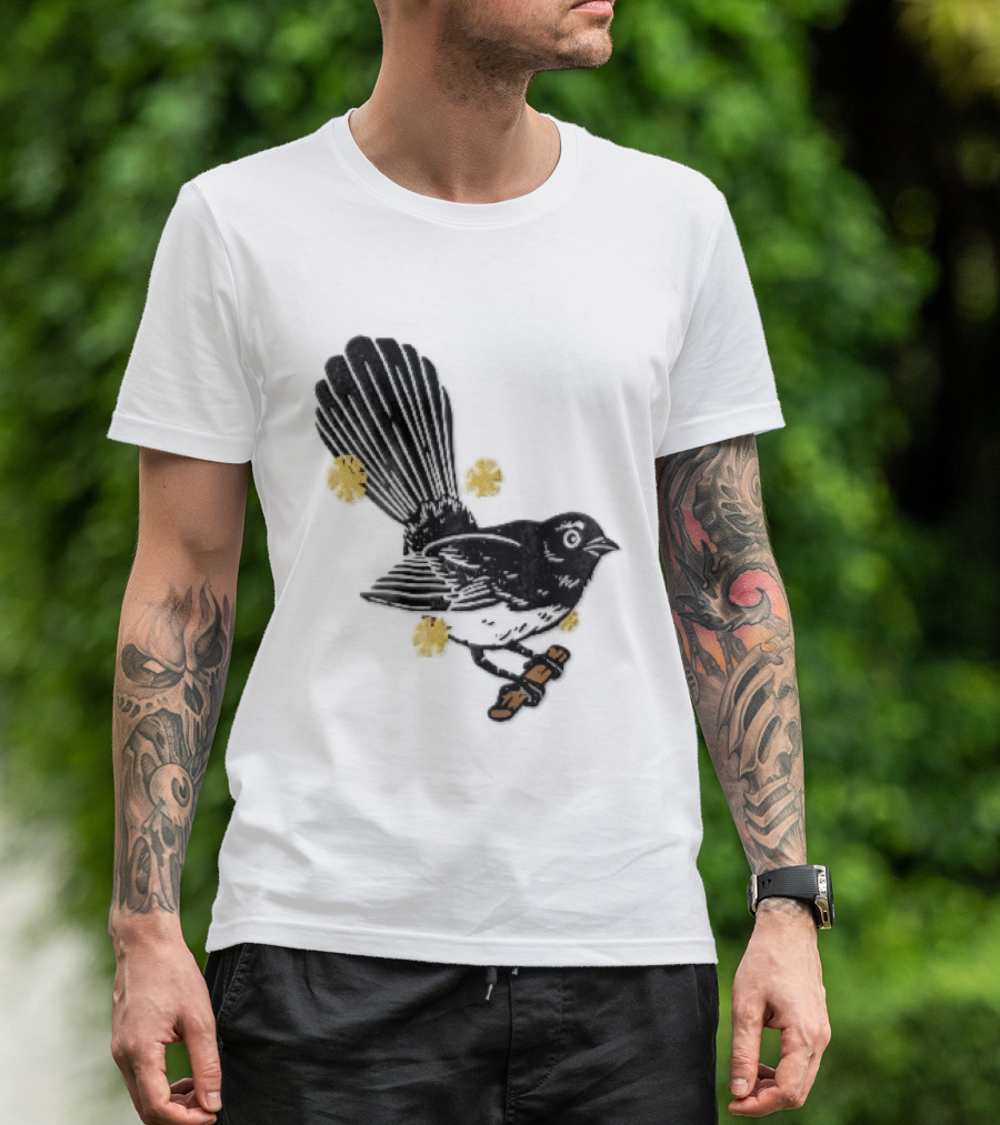 Black White Linocut Fantail Bird Branch Yellow Flowers T-Shirt