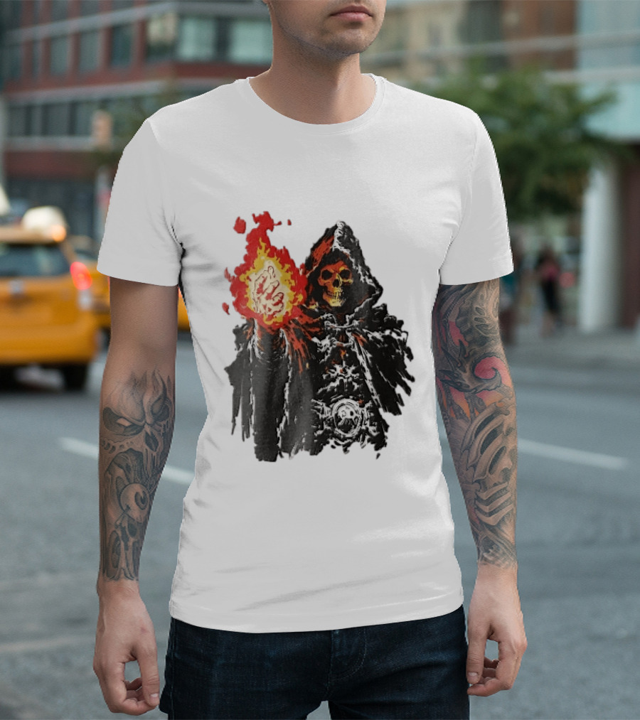 Hooded Skeleton Sorcerer With Glowing Red Fireball T-Shirt