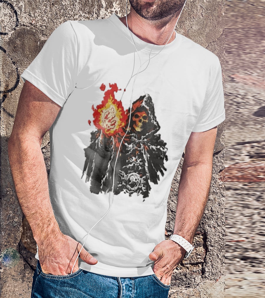 Hooded Skeleton Sorcerer With Glowing Red Fireball T-Shirt