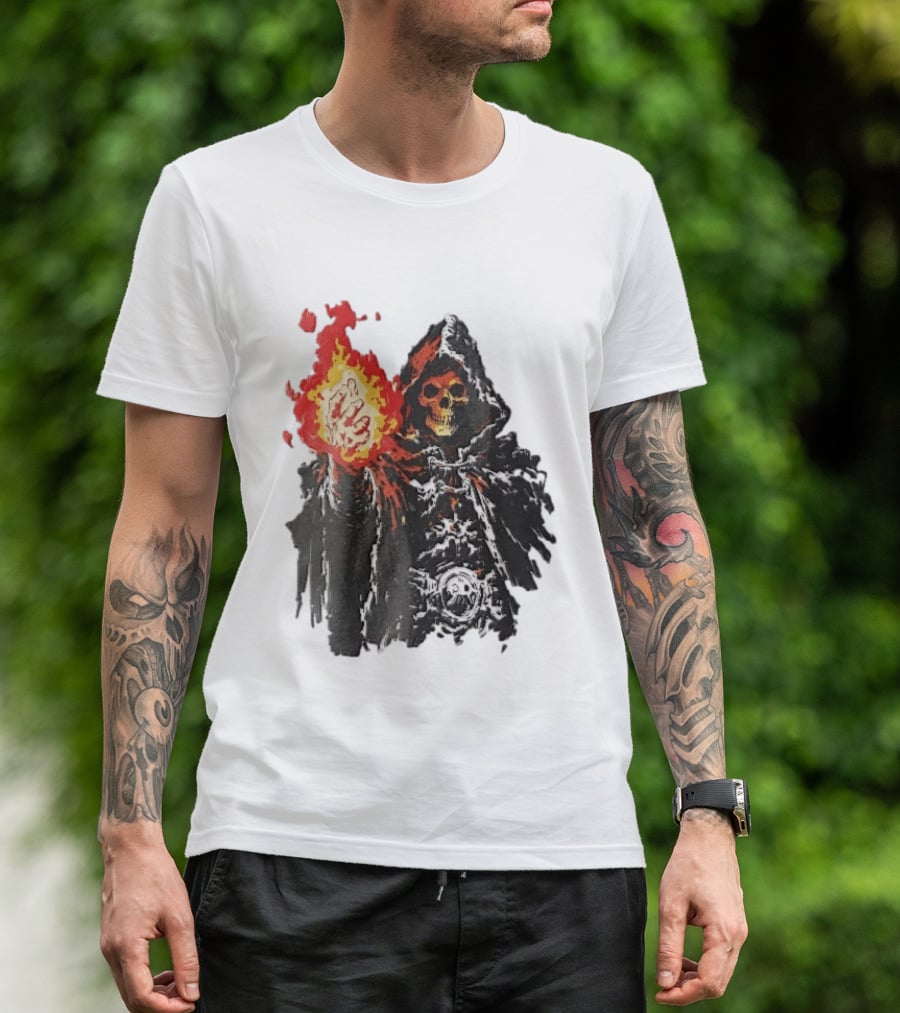 Hooded Skeleton Sorcerer With Glowing Red Fireball T-Shirt