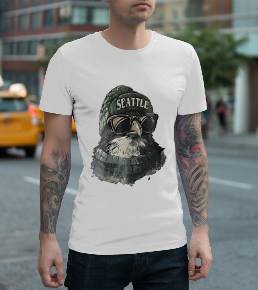 Seattle Beanie Hawk Cartoon With Sunglasses And Scarf T-Shirt