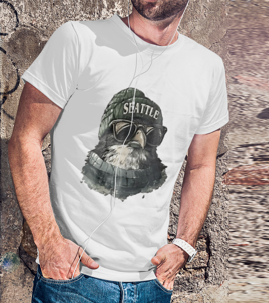 Seattle Beanie Hawk Cartoon With Sunglasses And Scarf T-Shirt