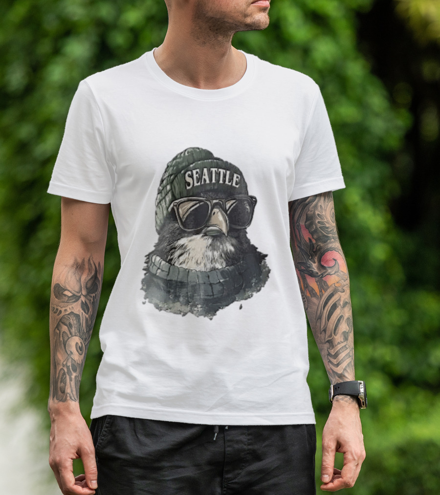 Seattle Beanie Hawk Cartoon With Sunglasses And Scarf T-Shirt