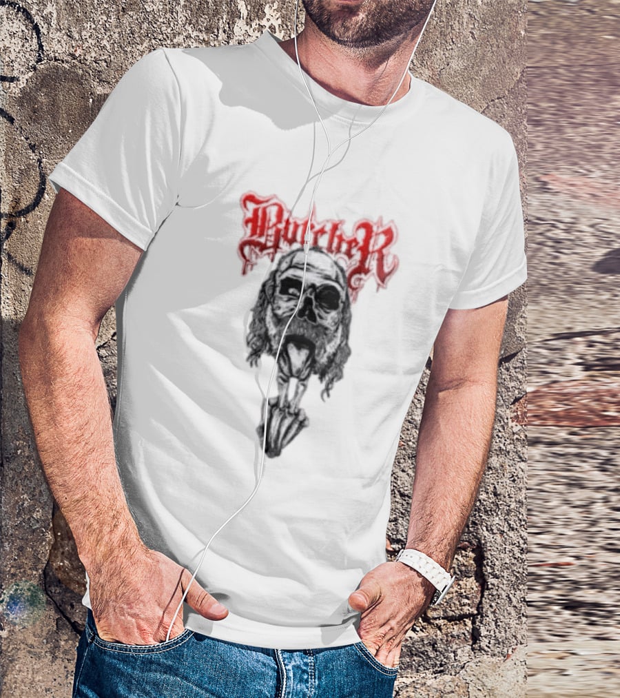 Butcher Skull With Gothic Red Text And Grim T-Shirt