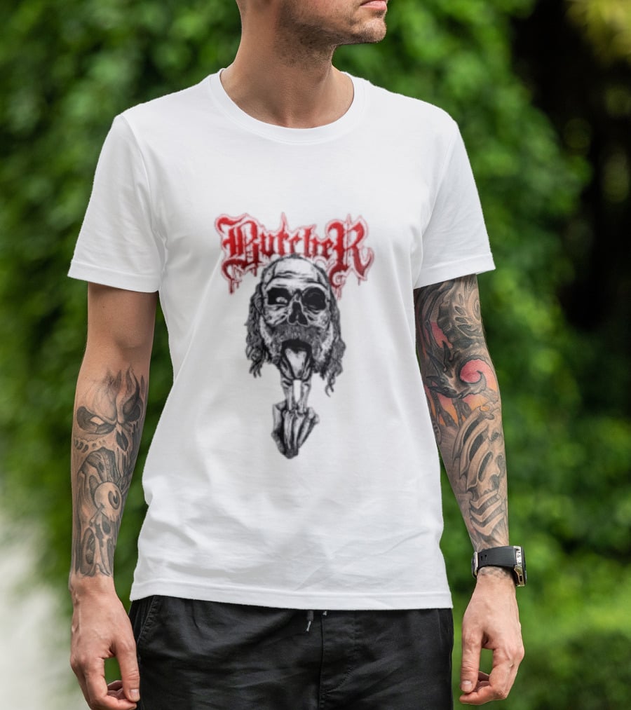 Butcher Skull With Gothic Red Text And Grim T-Shirt