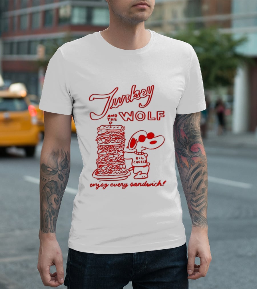 Turkey And The Wolf Big Cheese Enjoy Every Sandwich Stacked Cartoon Concept T-Shirt