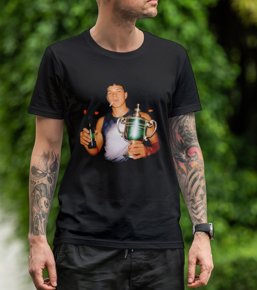 Ben Shelton Celebrating Victory With Beer And Trophy T-Shirt